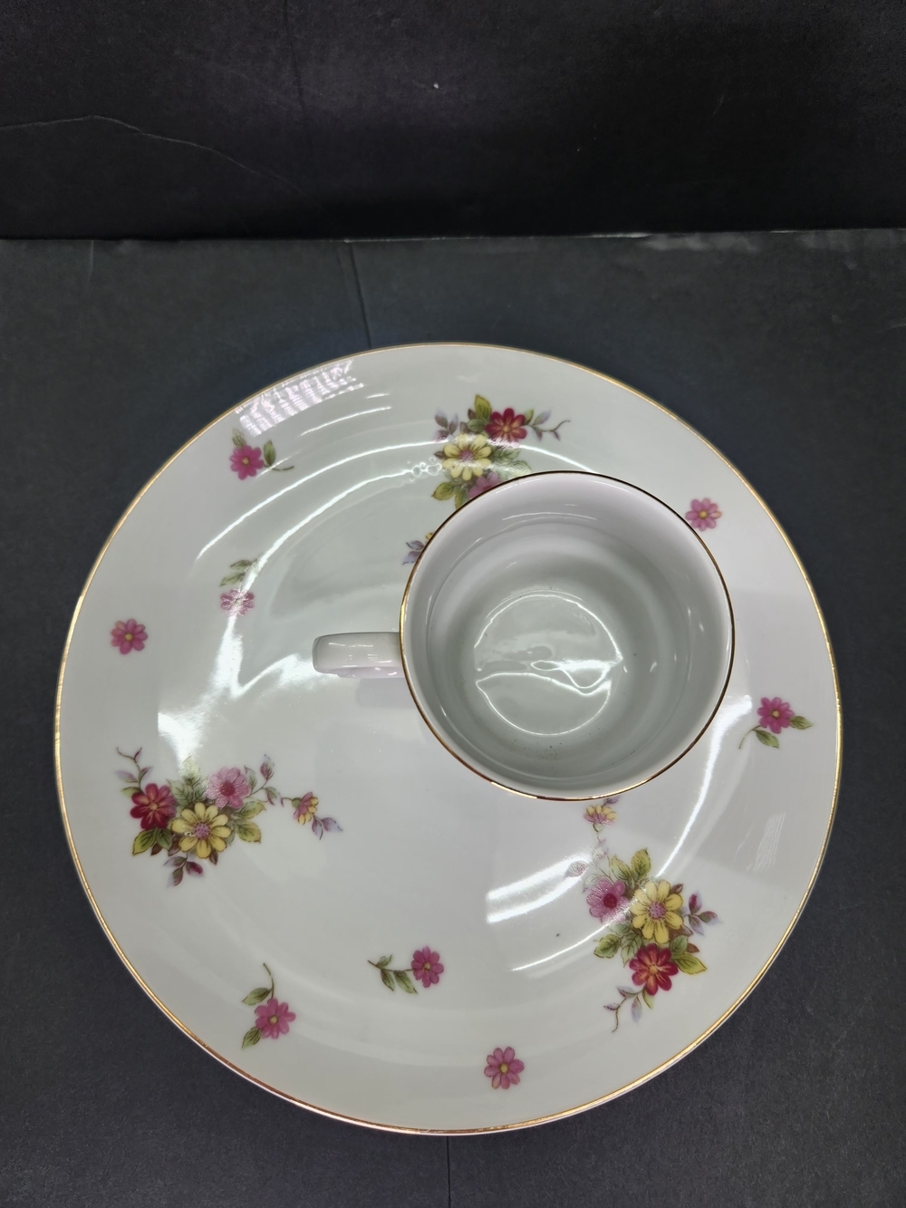 Vintage Fine White Porcelain Floral Cup and Snack Plate - Pink and Yellow - Picture 7 of 9
